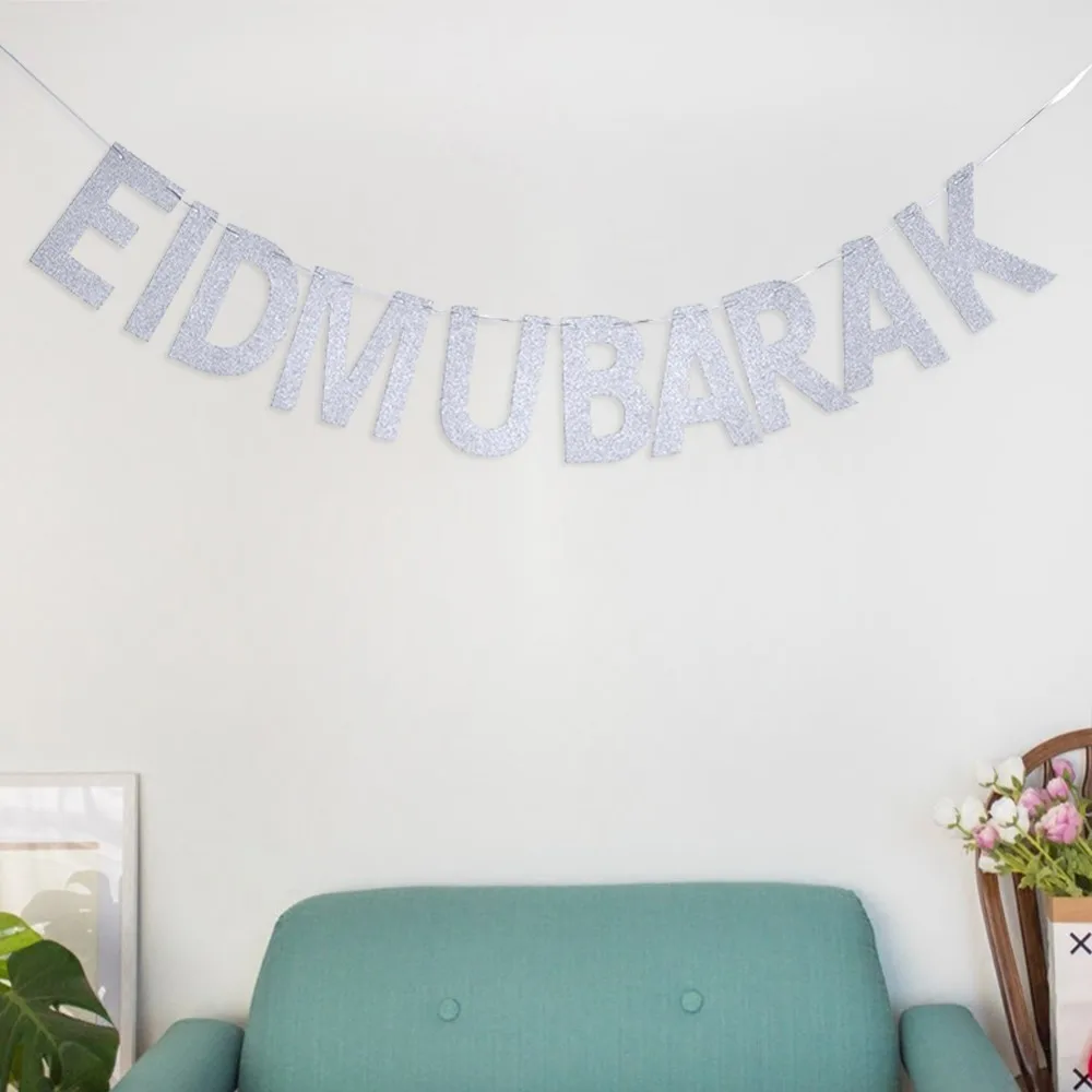 

EID MUBARAK Silver Alphabet Decorative Wedding Decoration Al-Fitr Party Pennant Lesser Bairam Banner Happy Eid Bunting Party