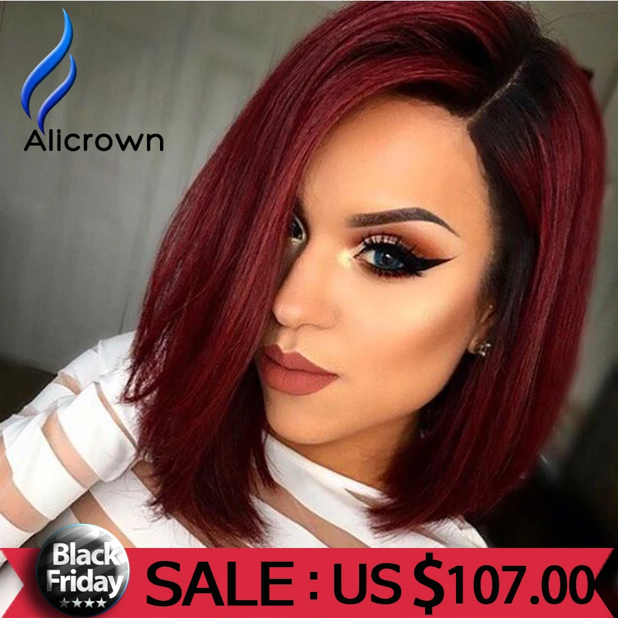 ALICROWN Red Human Hair Ombre Full Lace Wigs With Baby Hair Short