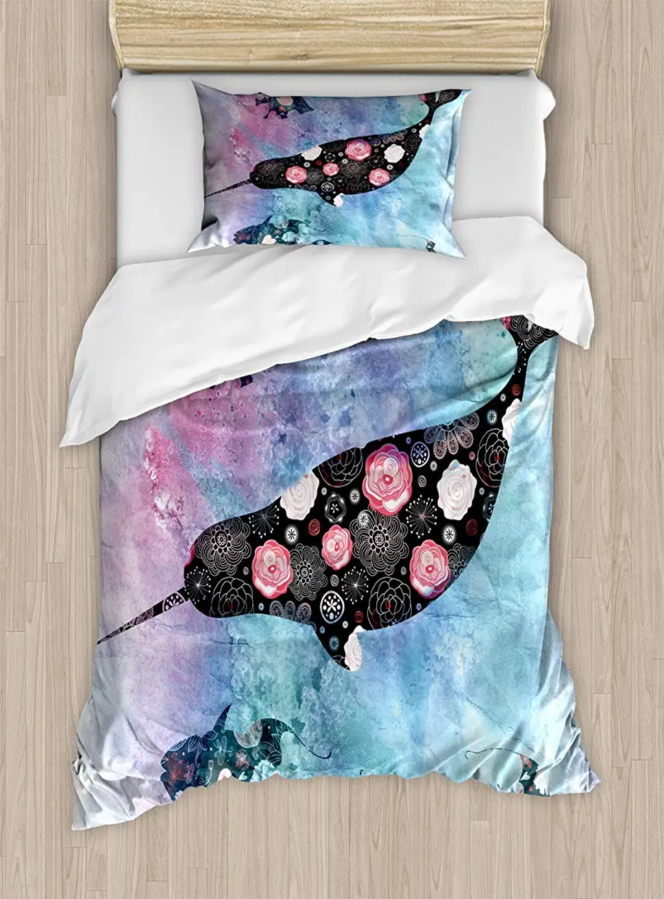 

Narwhal Duvet Cover Set Floral Patterned Narwhal Whale and Fish Psychedelic with Abstract Art Inspirations 2 Piece Bedding Set