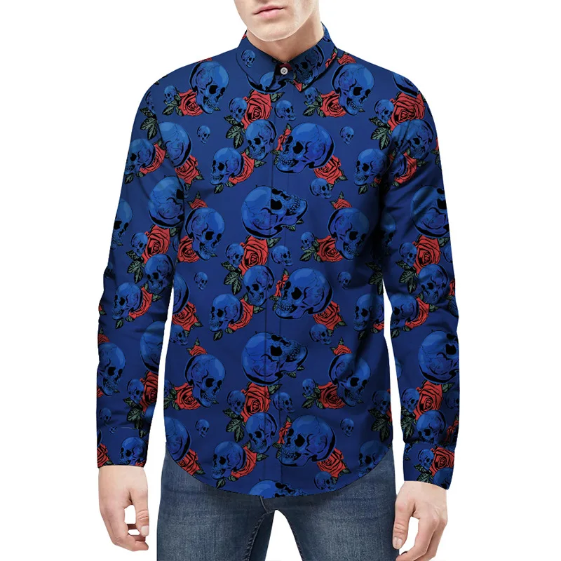 High Quality Men Shirt Long Sleeve Loose fit Flower Skulls Print Turn-down Collar camisas Big Size Dress Shirts