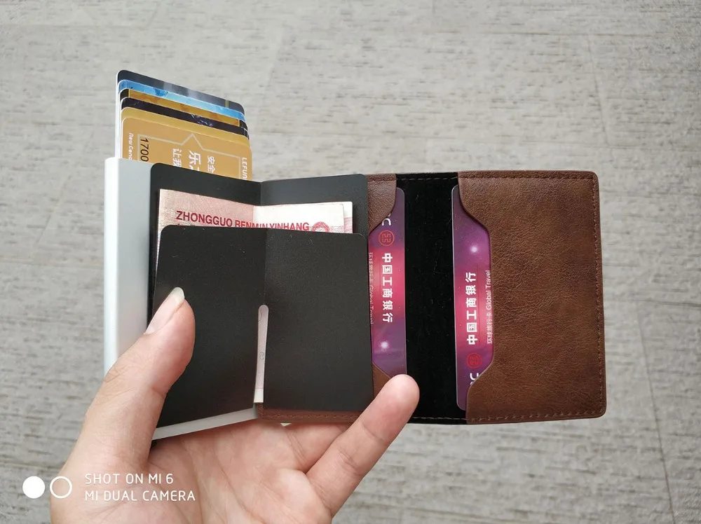 RFID бизнес кредитный держатель для карт для мужчин многофункциональный автоматический алюминиевый сплав кожаный чехол для карт мужской мини кошелек Тонкий кошелек