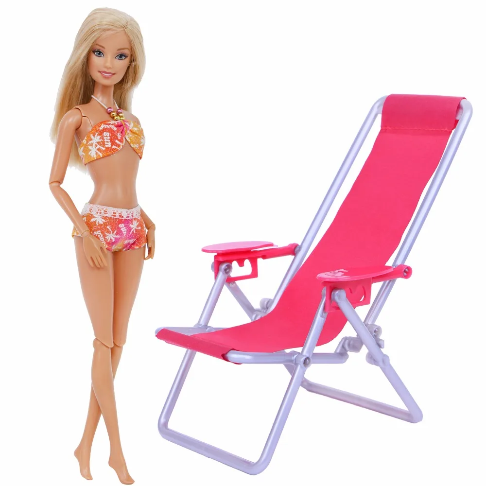 

High Quality Pink Foldable Lounge Beach Chair 1:12 Furniture + Swimsuit Sexy Bikini Top Clothes For Barbie Doll Accessories Toys