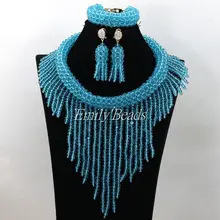 Великолепные небесно-голубые Африканские свадебные бусы комплект ювелирных изделий нигерийские Свадебные бусы ожерелье с кристаллами комплект ювелирных изделий AIJ938
