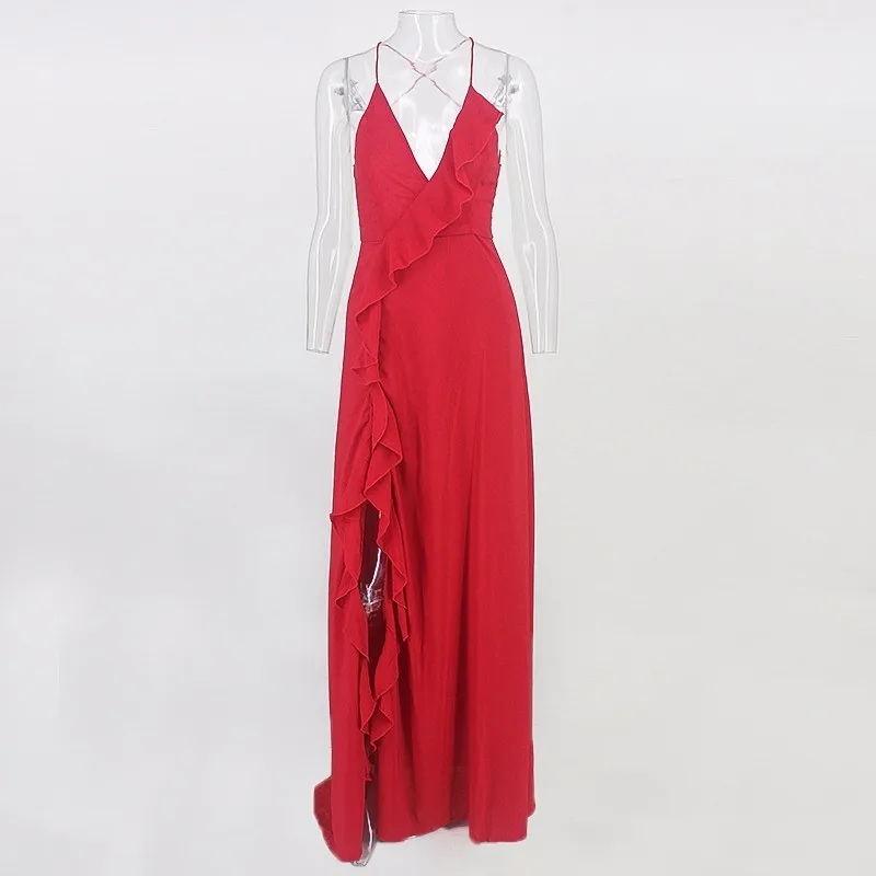 COSYGAL, сексуальное платье с открытой спиной и разрезами по бокам, вечерние платья с оборками на бретельках, женские платья макси с глубоким v-образным вырезом, женское платье - Цвет: Красный