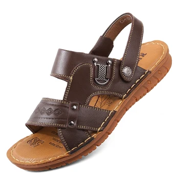 

men casual open toe soft PU leather sandals summer beach shoes flats seaside dress shoe brown flip flop male slippers sandalias