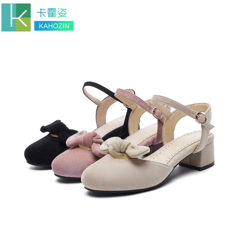 

Summer sandals For Women 2019 Delicate suede Square heel Round head bow-knot apricot scarpe donna tacco buty damskie size33- 43
