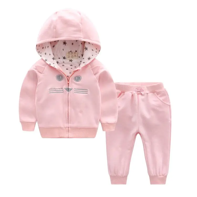 

Cute Pink Girl Tracksuit Cat pattern Hooded Coat With Pant Active Toddler Girl Sweatshirt Clothes Set