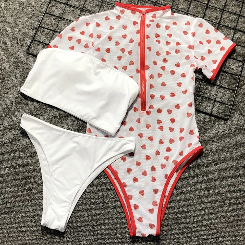 

3 Pieces Swimsuit Women Solid Bikini Set Sexy Bandeau Bikini with Dot Transparent Cover Up Zipper Tie Front Beachwear Swimwear
