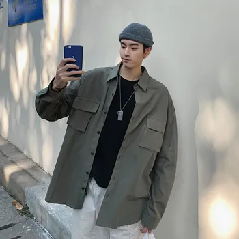 

2019 Summer New Korean Couple Cotton Men's Japanese Three-dimensional Pocket Solid Color Long-sleeved Wild Loose Shirt