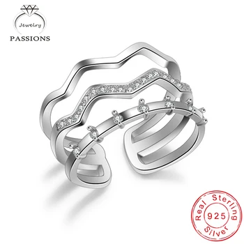 

New Fashion 925 Sterling Silver AAA Zircon Twist Wave Three Layers Ring Open Adjustable Rhinestone CZ Rings Women Jewelry Gift