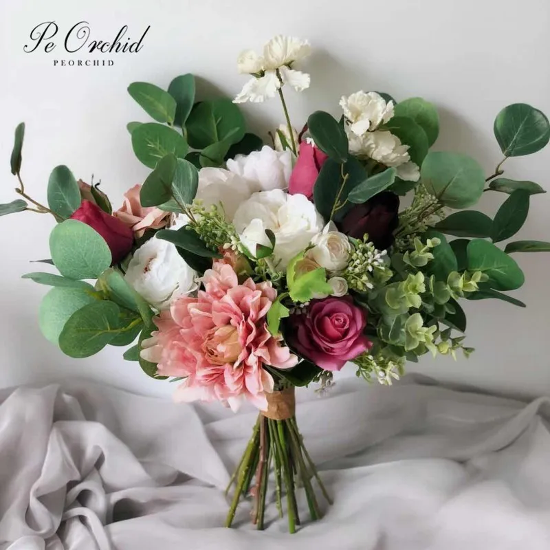Peorchid Pink White Green Wedding Bride Bouquet Artificial Eucalyptus Rose Bruids Boeket Vintage Bridal Peony Hand Flowers Wedding Bouquets Aliexpress