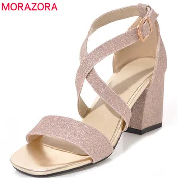 

MORAZORA 2020 new style women sandals simple buckle summer shoes solid color wedding shoes square heels shoes woman silvery