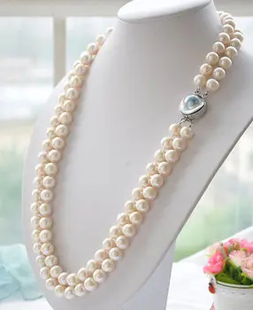 

Elegant 2 row 9-10mm akoya round PEARL necklace beloved girl wedding Gift for women sterling--jewelry