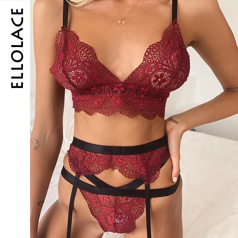 

Ellolace Sexy Lingerie Women Set Mesh Transparent Red Bandage 2 Piece Set Deep V Open Bra Patchwork 2019 New Female Sexy Sets