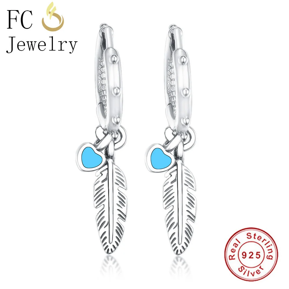 

FC Jewelry 925 Sterling Silver Cute Minimalist Feather Heart Mix Blue Enamel Argent Stud Earrings For Women Femme Brincos 2018