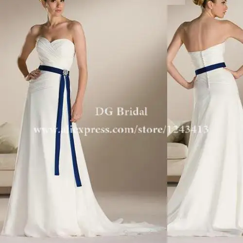 Hot Sale Chiffon Sweetheart White Bridal Dress With Royal Blue Sash