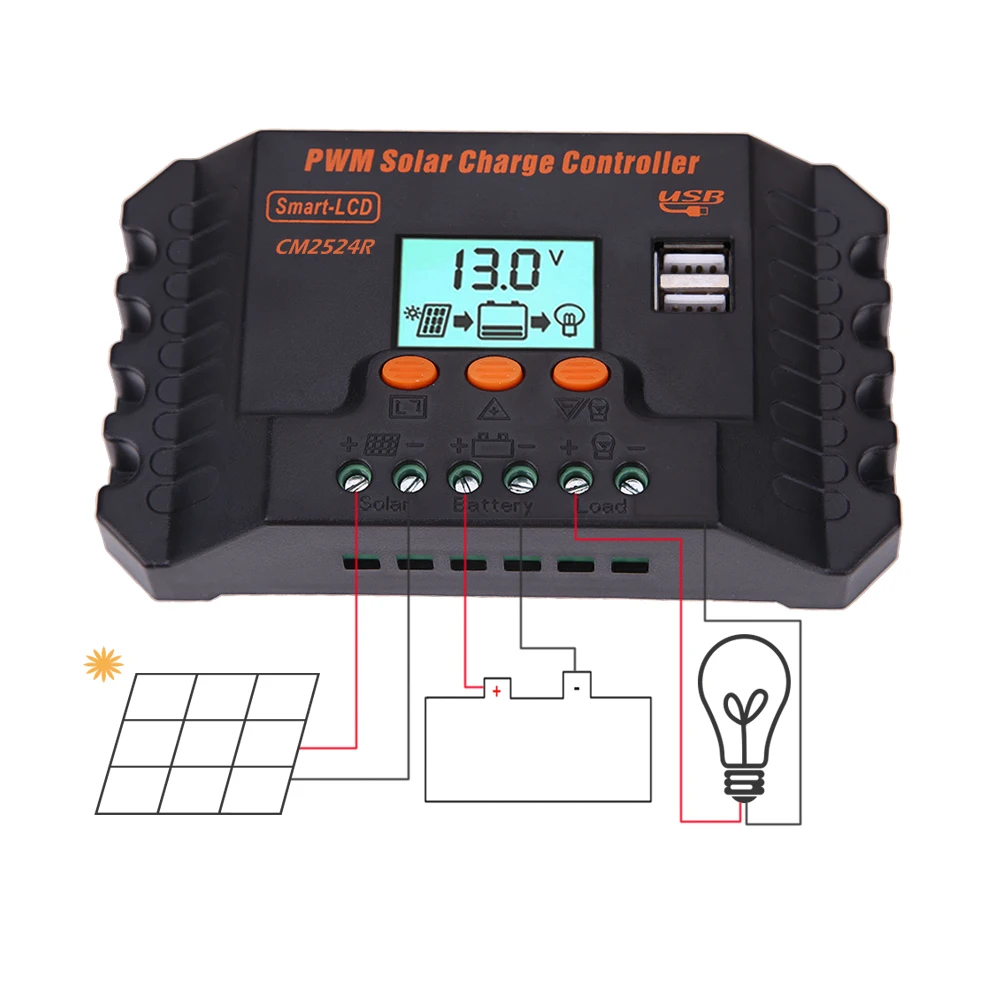 

CM2524R PWM LCD Display Dual USB Solar Panel Battery Regulator Charge Controller Voltage Regulator 12/24V 25A FULI