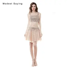 Sexy Champagne A-line Con Cuentas Blusa Entallada Corto Vestidos de Cóctel 2017 con Diamantes de Imitación de Mini Regreso Al Hogar de Baile vestidos vestidos de coctel