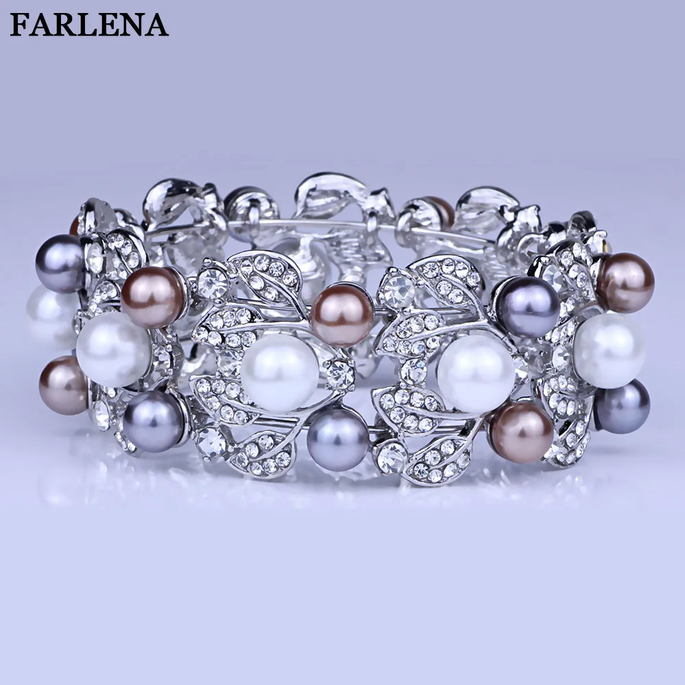 

FARLENA Wedding Jewelry Silver Plated Carved Flower Cuff Bangle With Rhinestones Exquisite Crystal Bracelets & Bangles for Women