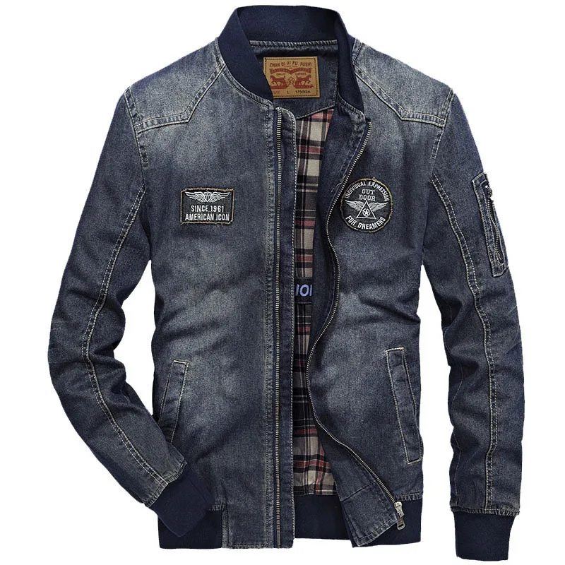 

New Men's Denim Jacket Spring Brand Fashion Stand Collar Multi Pocket Cotton Casual Jackets Coat Men Slim Fat Clothing 4XL BF687