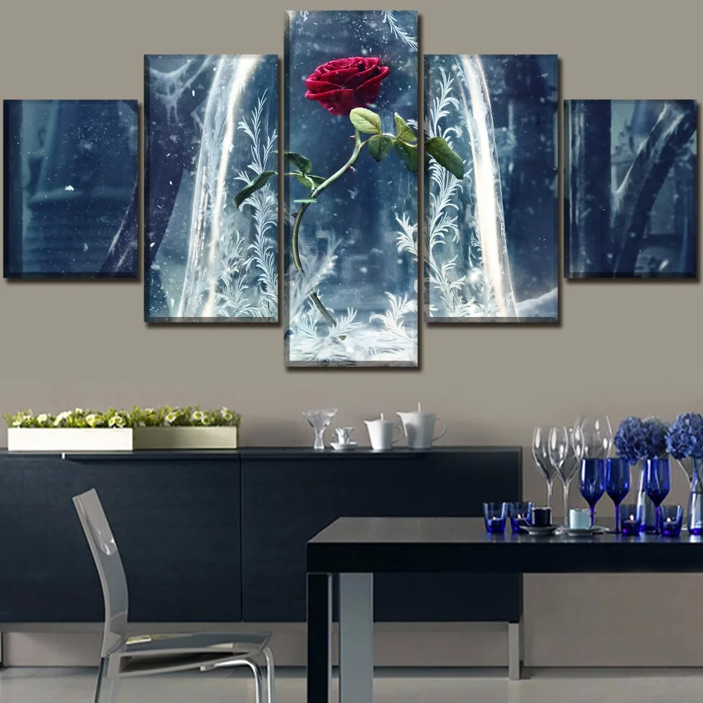 5 Panel Movies Beauty And The Beast Red Rose Painting Home Decor Canvas Print Modular Pictures Artwork Wall Decorative Cuadros Buy At The Price Of 5 61 In Aliexpress Com Imall Com