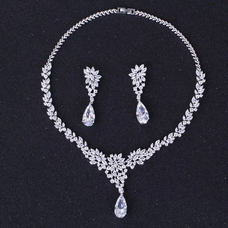 

High Quality Plant Flower Pendant Cubic Zirconia Wedding Necklace Earrings Luxury Crystal Bridal Jewelry Sets For Bridesmaids