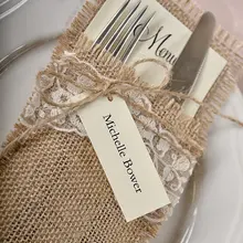 30 комплектов, свадебные подарки, посуда, кружевная сумка из мешковины, с индивидуальным меню и имя гостей, открытка на день рождения