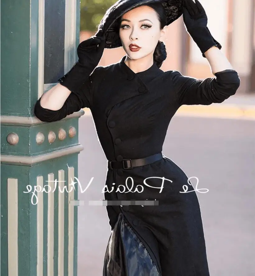 

2019 new high-end black single-breasted wool Asymmetrical design gauze fashion temperament Hepburn retro style dress Top