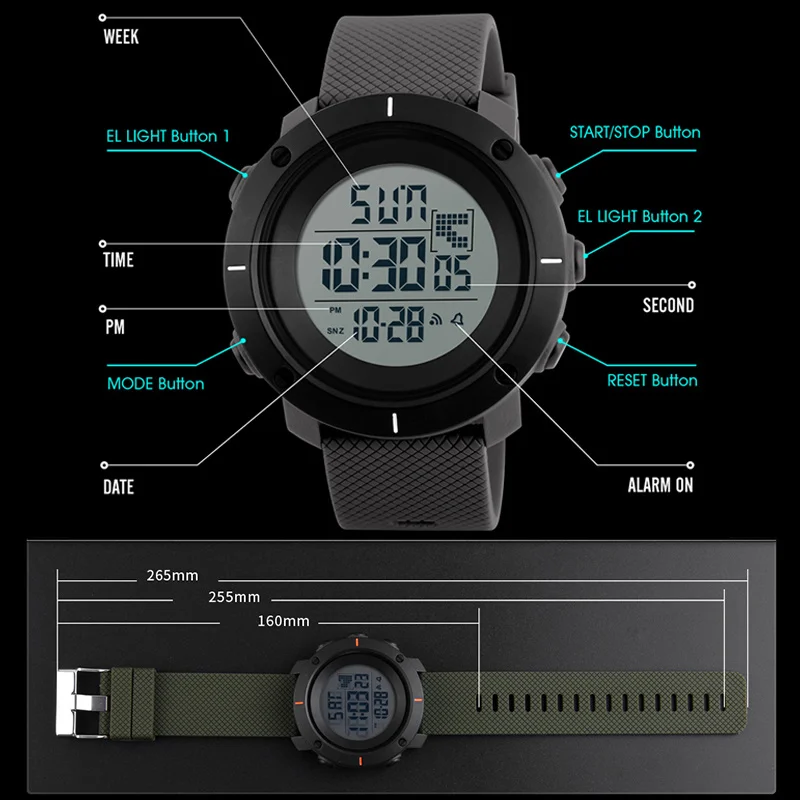 SKMEI уличные спортивные часы мужские Многофункциональные цифровые наручные часы 5 бар водонепроницаемые Хронограф военные часы reloj hombre