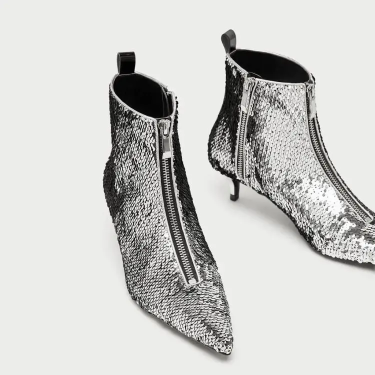 

Eunice Choo Pointed Toe Front Side Zipper Ankle Boots Kitten Heels Silver Bling Sequins Ladies Party Booties Women Leather Shoes
