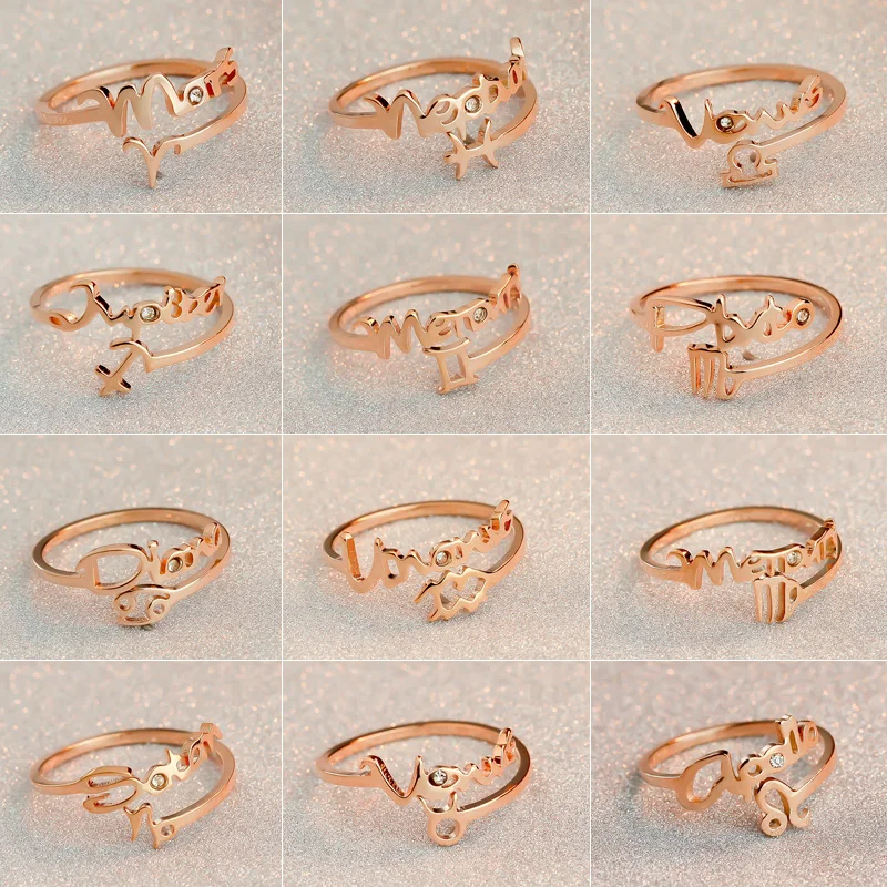 12 constellations Zodiac Sign Finger Rings Rose Gold Color 316 titanium steel Adjustable size Women's horoscopo Rings