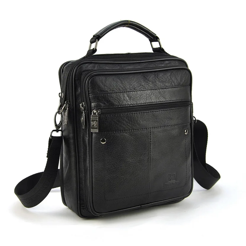Men Genuine Real Cow Leather Classic 5 Zip Shoulder Cross Body Bag Messenger Work Business Daily Retro Vintage Satchel Casual