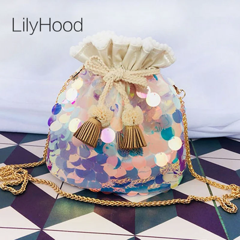 LilyHood женская летняя сумка-мешок с блестками женская модная повседневная Пляжная блестящая маленькая милая сумка на плечо с цепочкой