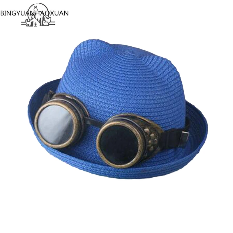 

Fashion Girls Boys Straw Hat Summer Baby Sun Hat Cat Ears Decorative Cap Flip Detachable Glasses Skullies Parent-Child Cap