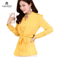 2016 Spring New Women’s Casual long style Chiffon Shirt / Women solid color long sleeve blouse shirt / Send Braided belt