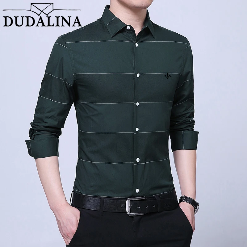 En Ligne DUDALINA Hommes de Chemise À Manches Longues de 2018 NOUVEAUX Hommes 100% Coton Chemise Rayée Homens Casual Mode Plein T shirt Taille m 4XL