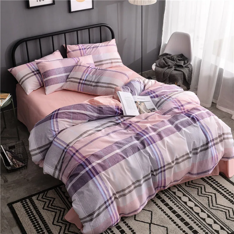 European Dark Purple Plaid Pattern Cotton Textile 4 Pcs Bedding Set