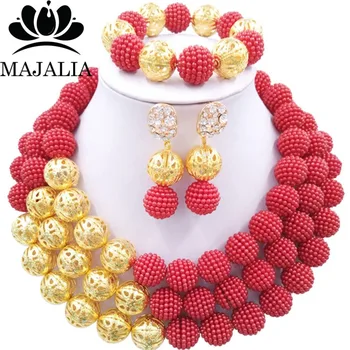 

Majalia Fashion Nigerian Wedding African Jewelery Set Red Crystal Plastic Pearl Necklace Bride Jewelry Sets 3SQ021