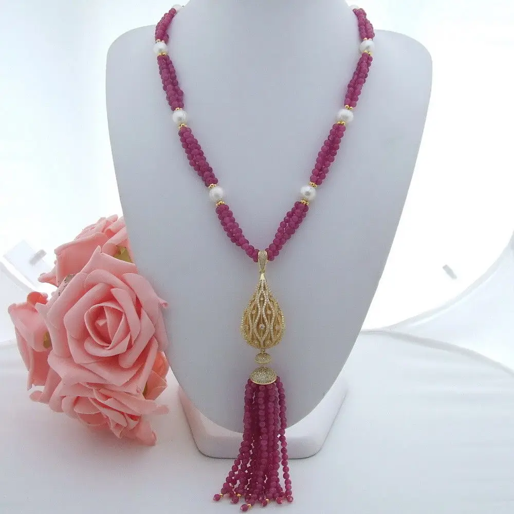 

AB070401 34'' 9-10MM 3 Strands Pearl Ston'e CZ Pendant Necklace