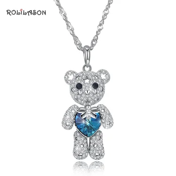 

ROLILASON Cute Animal 925 Sterling Silver Necklace Pendant Blue Zircon Jewelry Fashion Special SP72