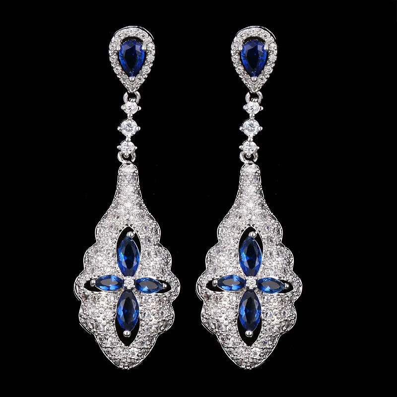 

Bilincolor fashion hot sell silver blue full cz paving luxury elegant drop earring bridal wedding womens jewelry