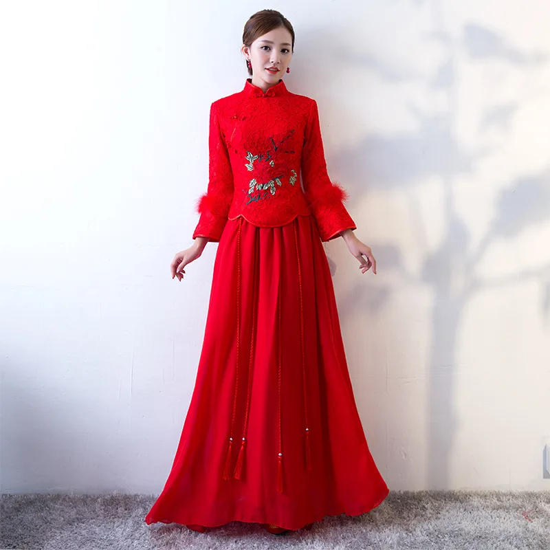 

Classic Bride Wedding Party Women Cheongsam Lady Vintage Pleated Long Dress Ancient Embroidery Qipao Oversize 3XL Vestidso