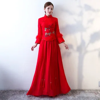

Classic Bride Wedding Party Women Cheongsam Lady Vintage Pleated Long Dress Ancient Embroidery Qipao Oversize 3XL Vestidso