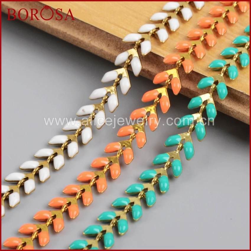 

BOROSA 5M Wholesale Multi-color Cheveron Brass Enamel Chain DIY Necklaces White Green Bright Orange Enamel Chain Makings PJ047