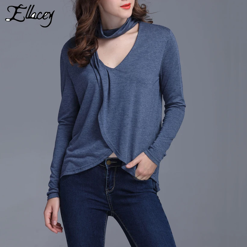 Ellacey Fall 2016 Women T shirts Full Sleeve Blue Casual Loose Tee Tops