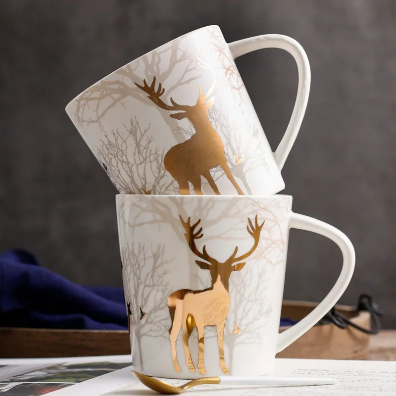 

Nordic Style Ceramic Mug Golden Deer Plating 550ML Morning Mug Milk Coffee Tea Breakfast Porcelain Drinkware Cup Kitchen Tools