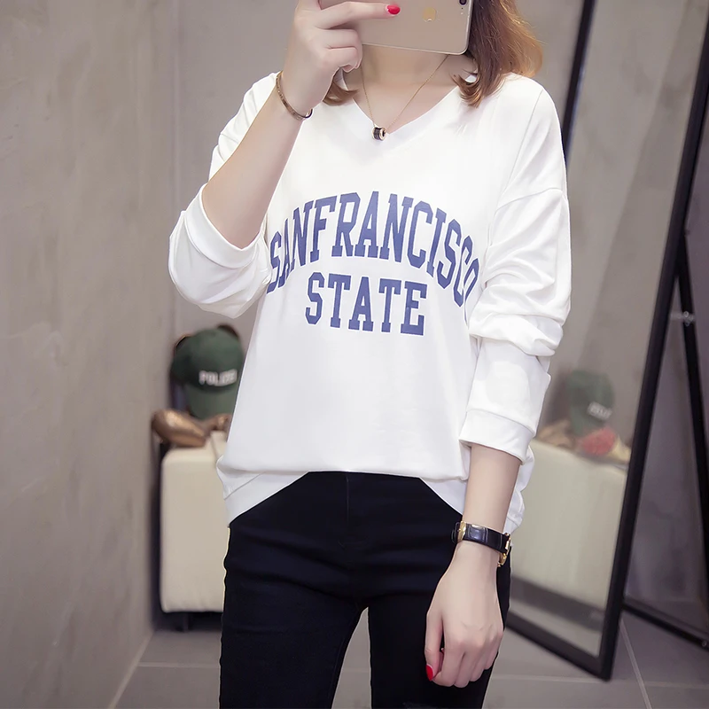

Wholesale price 2019 long sleeve shirt women T Shirt Letter V-neck Casual bottoming shirt Tops Tee Female Tops plus size