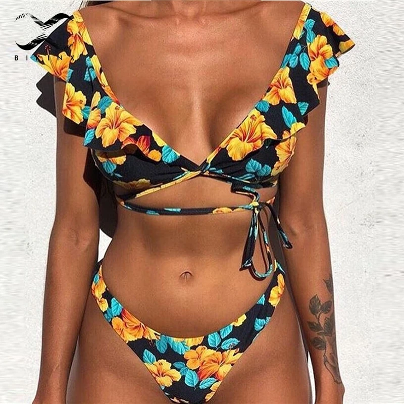 Bikinx Ruffles бразильские бикини 2018 mujer купальники с цветочным принтом сексуальный