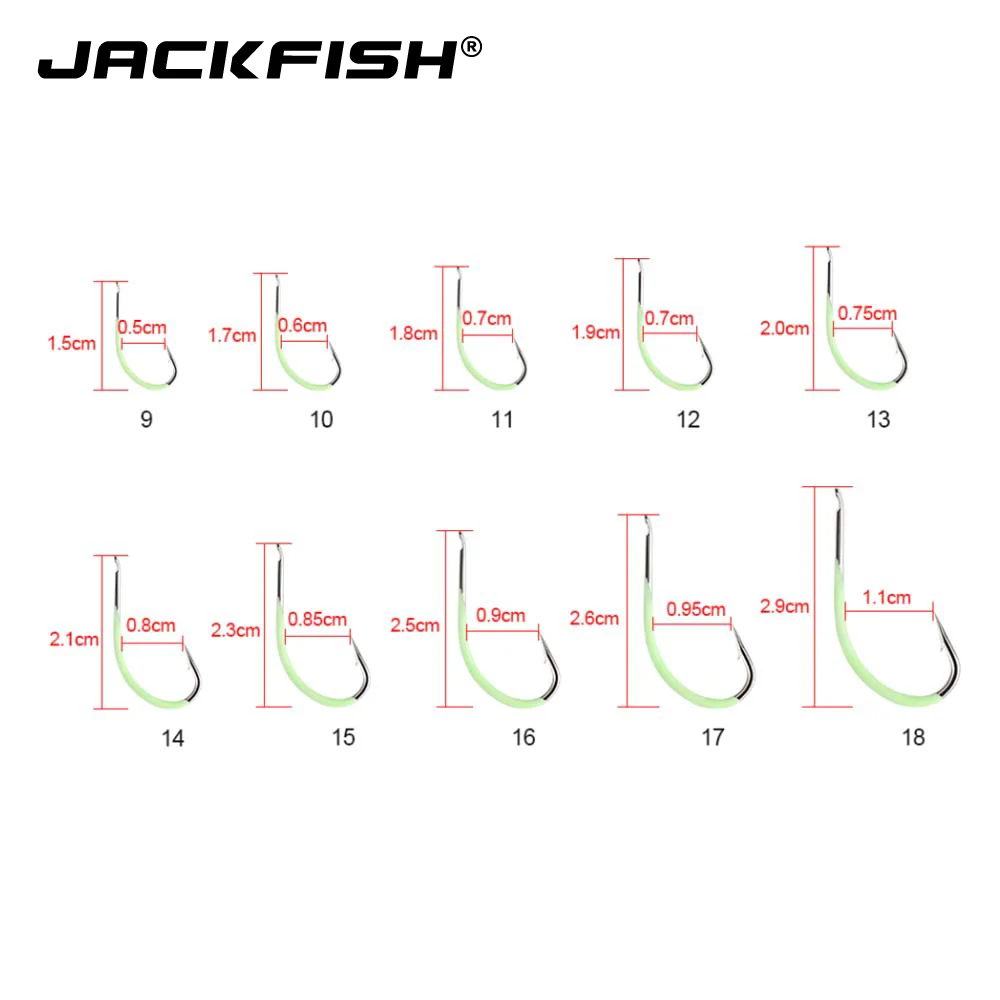 JACKFISH 10 قطعة/الوحدة عالية الكربون الصلب مضيئة الصيد هوك #9-#18 الخطافات دائم Pesca الشائكة هوك الصيد معالجة