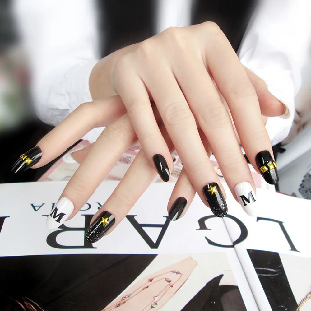 24 шт./Набор ногтей тенденция режим Klinknagel НЭП Nagels Zwart en Wit ЦВЕТ краткое Ontwerp DIY